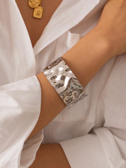 1 PIEZA Brazalete de acero inoxidable chapado en oro/plata con textura abultada ajustable, amplia pulsera, regalo de joyería minimalista con aspecto llamativo para mujeres