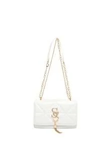 Korean Fashionable Embossed Diamond Pattern Letter Casual Handbag For Women, 2024 New Netizen Simple Shoulder Messenger Small Square Bag , Old Money, White Bag - White - View 2