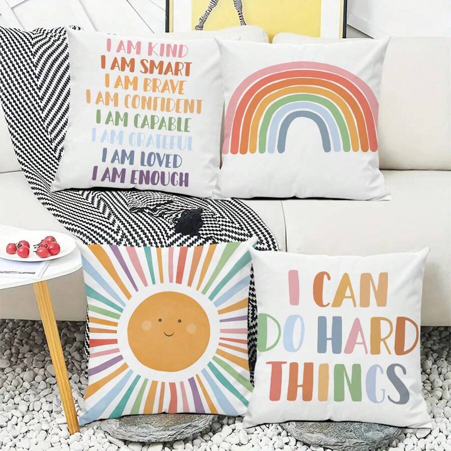 4pcs Rainbow Slogan Striped Pillow Covers, Plain Country Style Peach Skin Print Cushion Cover, Modern Aesthetic Art, A Gift To Add To Your Home, Home Decor, Car, Bedroom, Living Room! 45cm X 45cm [Pillow Core Not Included, Single-Sided Printed] - Multicolor - View 1
