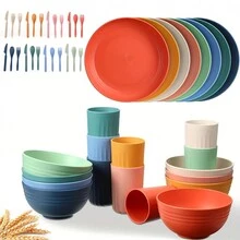 48 件小麦秸秆餐具套装 牢不可破的塑料盘子和碗碟 适用于旅行野餐露营餐具 彩色餐盘 可用于洗碗机 微波炉 可重复使用 轻质餐具 - 混色 - 查看 9