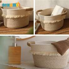 OYHOMO Canasta de almacenamiento con estilo bohemio, canasta de almacenamiento pequeña, canasta tejida de cuerda con borlas, canasta decorativa para estantería para juguetes, maquillaje, dormitorio, baño