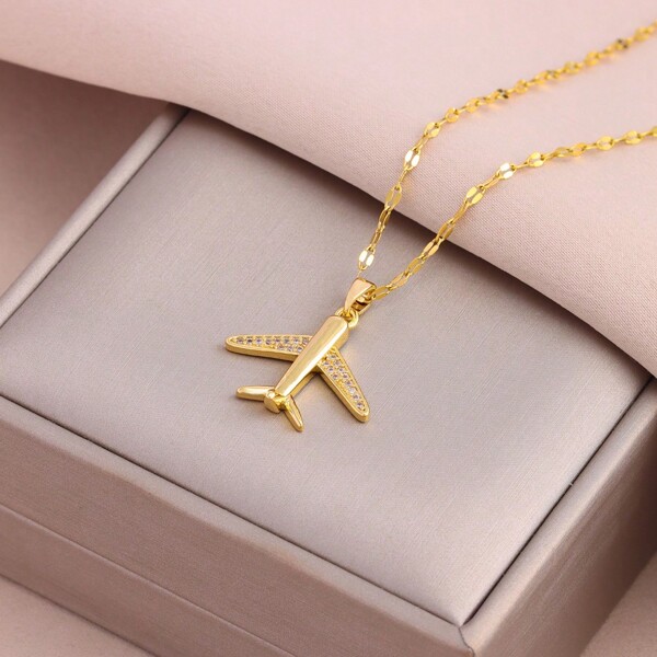 1pc 18K Gold-Plated Personalized Fashion Airplane Pendant Necklace, With Micro-Inlaid Cubic Zirconia, Luxurious And Elegant Women's Collarbone Chain Jewelry