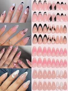 VV MEI JIA ER 96pcs Long Almond Shaped Artificial Nails, Red, Pink, White And Black French Manicure, Full Cover Glue-On Fake Nails, Suitable For Women And Girls, Includes 1 Nail Glue Tape And 1 Nail File