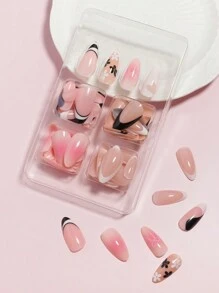 VV MEI JIA ER 96pcs Long Almond Shaped Artificial Nails, Red, Pink, White And Black French Manicure, Full Cover Glue-On Fake Nails, Suitable For Women And Girls, Includes 1 Nail Glue Tape And 1 Nail File