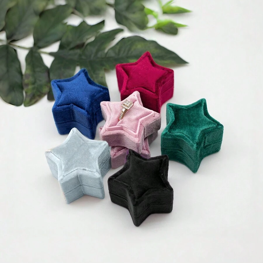 1入組5.5*5.5*5cm絨面戒指盒，五角星形婚戒盒，星空珠寶包裝盒，可愛的五角星戒指盒，適用於儲存戒指和耳環，適合求婚、結婚和禮物贈送 - 彩色 - 查看 1