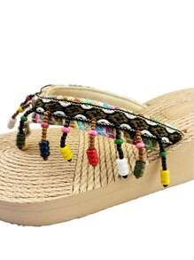 Damskie sandały na koturnie z kolorowymi drewnianymi koralikami, frędzlami i splotem z trawy, letnie klapki plażowe, lekka i szybkoschnąca podeszwa z pianki EVA, odpowiednie do modnych i uniwersalnych strojów oraz wakacji na plaży - Morela - Zobacz 9
