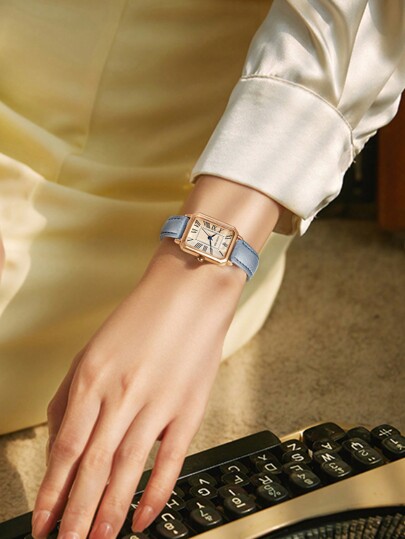 LUCKYFOX 1pc Ladies' Wit Simplistic Business Zinc Alloy Retro Quartz Small Square Dial Leather Strap Watch, As Students Returning To School view 4