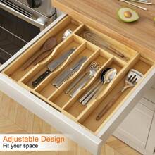 Bamboo Utensil Organizer For Kitchen Drawers, Expandable Utensil Tray And Cutlery Silverware Holder,Wood Drawer Dividers With 7 Adjustable Slots - Màu be - Xem 3