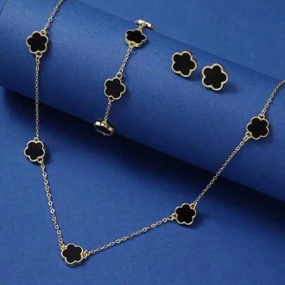 3入組高雅的梅花設計耳環項鍊和手鏈套裝，適合女性日常穿著