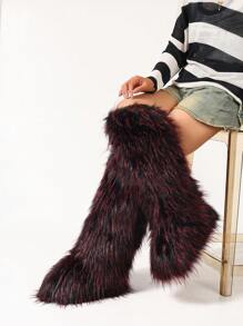 Women's Winter Thigh High Furry Boots, Warm & Fashionable Black & Red Fluffy Snow Boots - Black - View 4