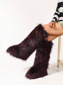 Women's Winter Thigh High Furry Boots, Warm & Fashionable Black & Red Fluffy Snow Boots - Black - View 3