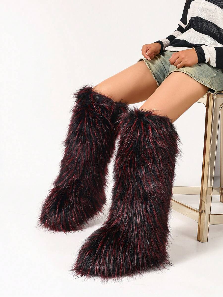 Women's Winter Thigh High Furry Boots, Warm & Fashionable Black & Red Fluffy Snow Boots
