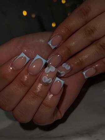 24Pcs Short Square Press-On Nails With Blue Edge, 3D Flower & Rhinestone French Design, Comes With Jelly Glue And Nail File, Suitable For All Ladies, Perfect For Everyday Wearing, Makes Your Fingertips More Charming Nail Supplies Nails