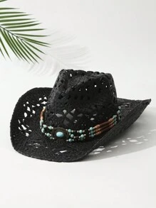 1 pieza Sombrero de vaquero estilo oeste de verano para viajes con impresión de ala ancha teñido decorativo turquesa unisex, sombrero de playa perforado para una mejor ventilación y con banda decorativa con cuentas tejida a mano, sombrero de paja - Multicolor1 - Ver 5