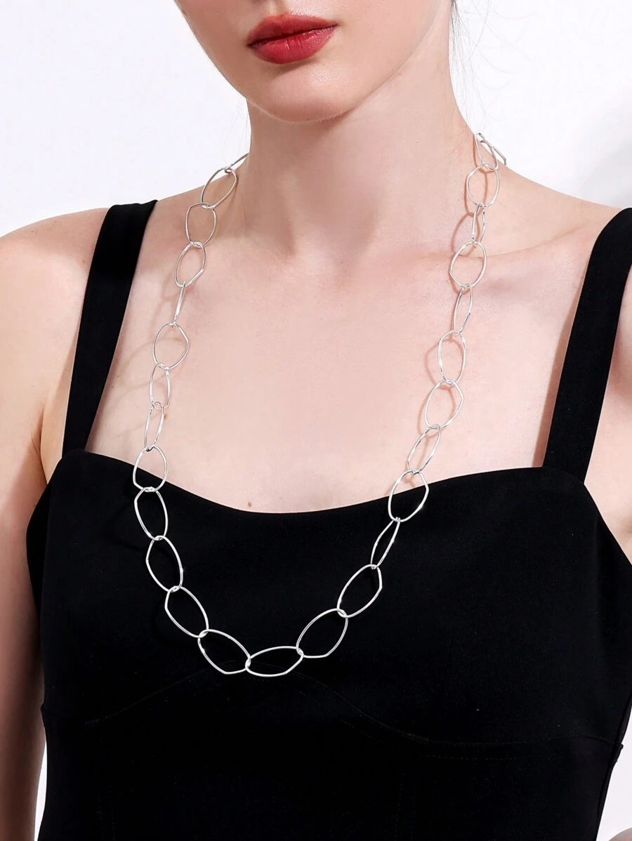 1pc Silver Asymmetrical Smooth Oval Chain Loop Long Necklace For Women Girls Ladies - Silver - View 1