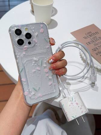Apple Floral Patterned Card Holder Clear Phone Case & Charger Cable Protector Set, Anti-Drop Shockproof, Anti-Bending