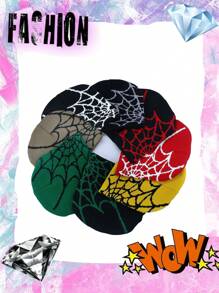 1pc Unisex Knitted Jacquard Spider Net Design Windproof & Thermal Beanie Hat For Outdoor Activities, One Size Fits All Street Halloween Skull Skeleton