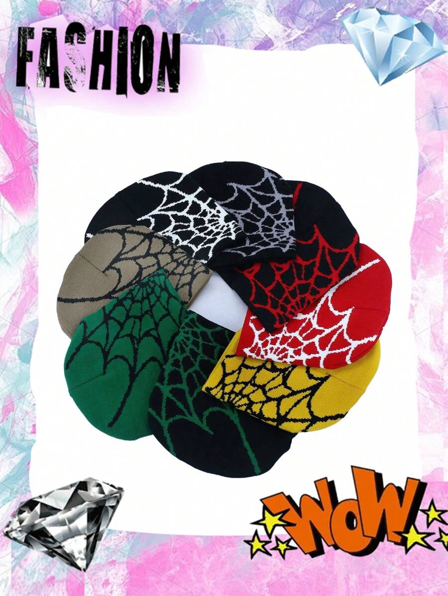 1pc Unisex Knitted Jacquard Spider Net Design Windproof & Thermal Beanie Hat For Outdoor Activities, One Size Fits All Street Halloween Skull Skeleton