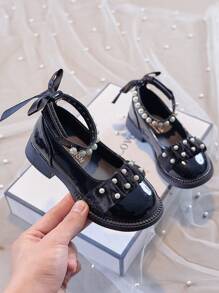 Zapatos de princesa para niñas, zapatos con estilo británico para todas las estaciones, suela blanda antideslizante tipo Mary Jane con lazo y perlas para niñas, diseño de cordones de PU - Negro - Ver 20