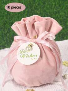 10 件天鹅绒蝴蝶结和丝带袋，时尚仿珍珠字母卡片纪念品珠宝礼品包装袋，适用于婚礼派对装饰 - 粉色 - 查看 2