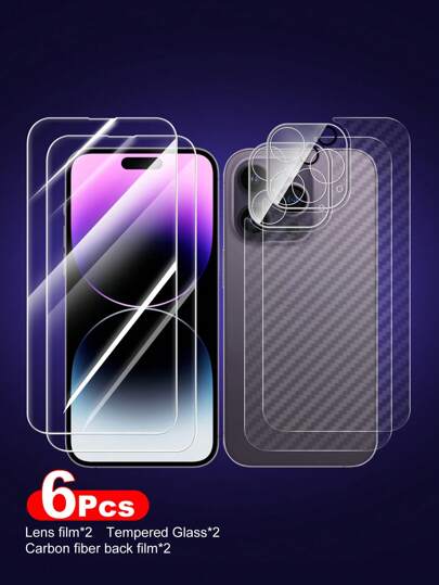 2 片 9H 钢化玻璃屏幕保护膜 + 2 片摄像头镜头保护膜 + 2 片碳纤维背膜，全面保护，兼容 Apple X/Xs Max/13 Pro/14/15 Pro/15 Pro Max/16 Pro/16 Pro Max/17/17 Pro/17 Pro Max