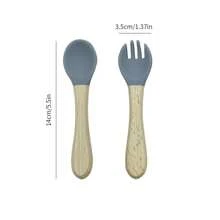 Set de cuchara y tenedor de silicona con mango de madera para bebé, para entrenamiento de alimentación y juego de cubiertos independiente para niños