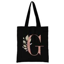 女士购物袋帆布袋手提袋可重复使用杂货手提袋储物袋玫瑰金字母姓名首字母图案旅行单肩包大容量学生手提包大容量帆布手提单肩包杂货袋书包，返校背包，大容量，轻便，便携，适合少女女大学生，非常适合返校、大学、初中、高中、工作、商务、通勤