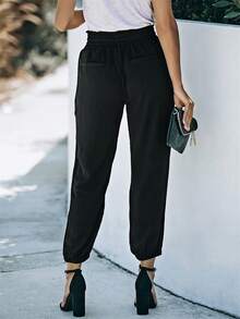 Women's Solid Color Drawstring Smocked Waist Joggers - Black - View 2
