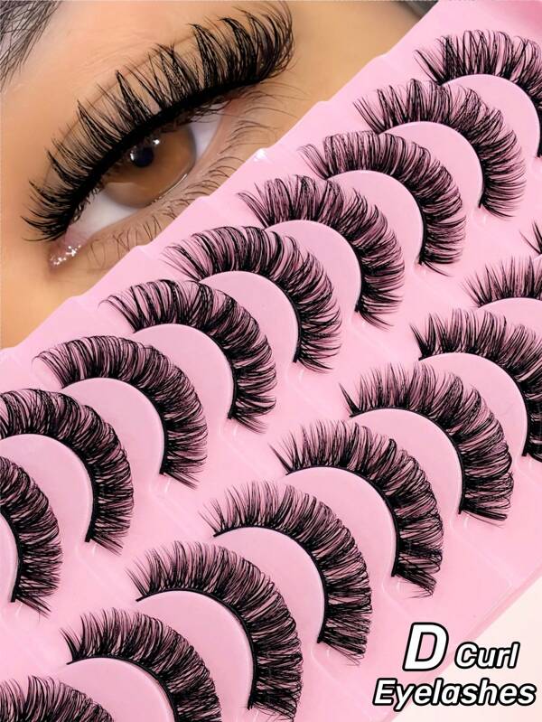 Rikuaild 10 Paar D Curl Russische Streifen falsche Wimpern, natürlicher Look, flauschige falsche Nerzwimpern mit Volumen, lange Federwimpern für einen betörenden Augenaufschlag
