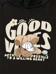 Hombres Capucha termica con estampado de slogan con bolsillo de canguro con cordon - Negro - Ver 10