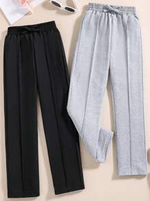 2 pièces Pantalons de sport de couleur unie avec cordon de serrage pour filles pré-adolescentes