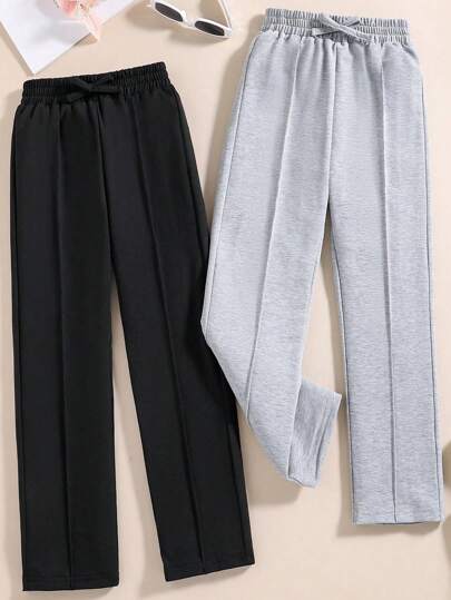 2pcs Tween Girls' Solid Color Sports Pants With Drawstring Waist
