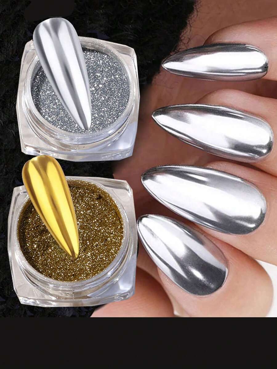 2Pcs Round Unscented Gold Silver Chrome Nail Powder Y2K Highly Pigmented Mirror Glitter Effect Metallic Holographic Nail Art Makeup Powders With Sponge Applicators For Nail Arts - Multicolor - View 1