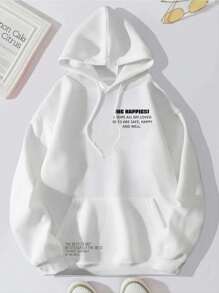 Hombres Capucha termica con estampado de slogan con bolsillo de canguro con cordon - Blanco - Ver 1