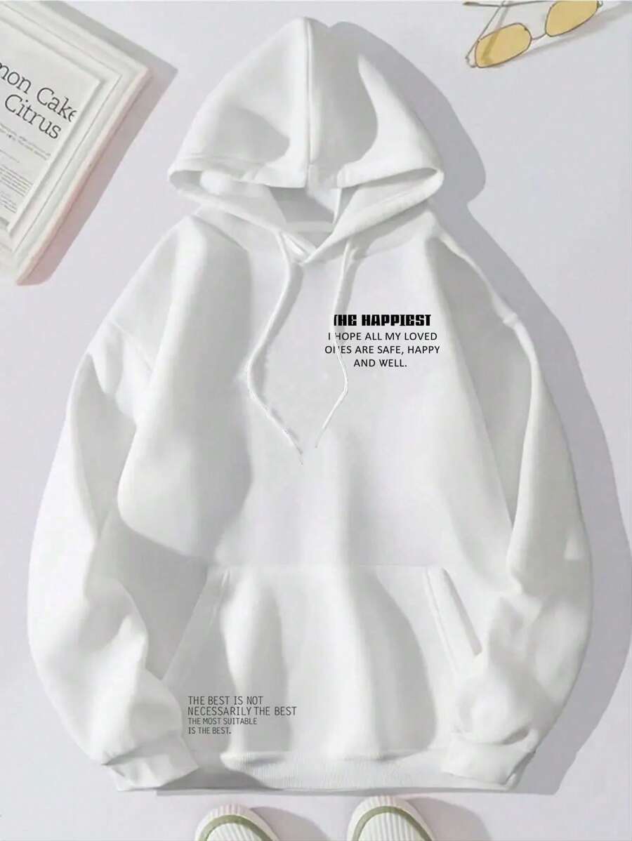 Hombres Capucha termica con estampado de slogan con bolsillo de canguro con cordon - Blanco - Ver 1