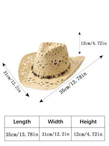 1pc Unisex Belt Decor Dyeing Wide Brim Printed Summer Travel Shade Western Style Cowboy Hat Cowgirl Hat Beach Hat Hollow Breathable With Beaded Trim Band Hand Woven Sun Hat Straw Hat - Multicolor 2 - View 9