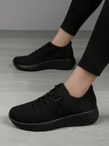 Damskie oddychające, dzianinowe, siateczkowe, czarne buty do biegania, niskie cholewki, antypoślizgowe, sportowe trampki na zewnątrz z lekką, miękką podeszwą, do noszenia na co dzień i w podróży