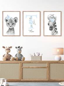 3 tấm áp phích vải canvas không khung màu xanh lam tùy chỉnh tên cá nhân hóa hình ảnh sư tử ngựa vằn động vật rừng tranh vải canvas hoa nghệ thuật treo tường áp phích Bắc Âu trang trí phòng ngủ trẻ em - Màu xanh Ô liu - Xem 10