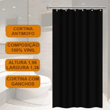 Cortina Box Lisa Com Ganchos Impermeável Antimofo 100% Vinil 1,98x1,38 2 Cores Disponíveis Preto e Branco - Preto - Visão 3