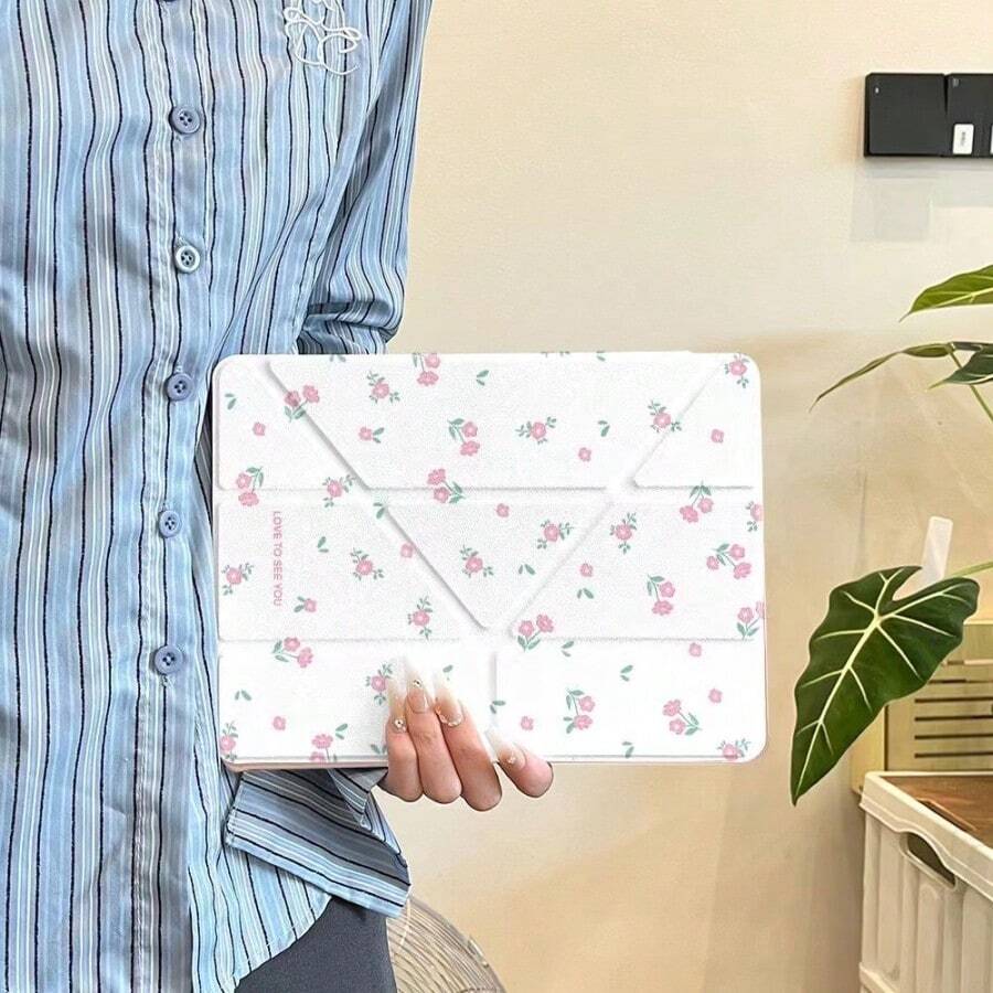 1入粉色印花三摺立體平板電腦保護套，適用於IPad 10.2/Pro 11/10th/10.9/Air 4/5/6 2024 - 白色 - 查看 1