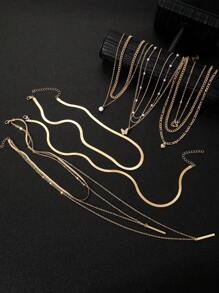 11pcs Fashionable Minimalistic Elegant Exquisite Vintage Faux Pearl Heart Shaped Crystal Butterfly Geometric Vertical Stripes Snake Chain Metal Pendant Multi-Layer Necklace Set, Perfect For Festivals, Vacations, Parties, Dates, Daily Wear And As Gifts