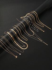 11pcs Fashionable Minimalistic Elegant Exquisite Vintage Faux Pearl Heart Shaped Crystal Butterfly Geometric Vertical Stripes Snake Chain Metal Pendant Multi-Layer Necklace Set, Perfect For Festivals, Vacations, Parties, Dates, Daily Wear And As Gifts