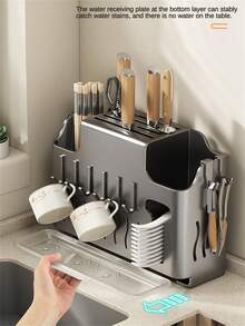 1pc Wall-Mounted Stainless Steel Kitchen Storage Rack, Multifunctional Kitchen Shelf, Knife Holder, Organizer And Storage For Kitchen Utensils - Multicolor - View 11