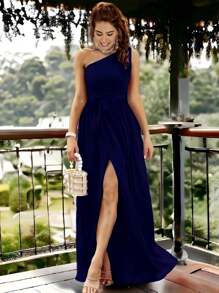 Vestido Elegante Con Cinturón Y Abertura Lateral Alta Para Mujer - Azul Marino - Ver 3