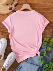 Camiseta con estampado de perezoso de cuello redondo - Rosa - Ver 2