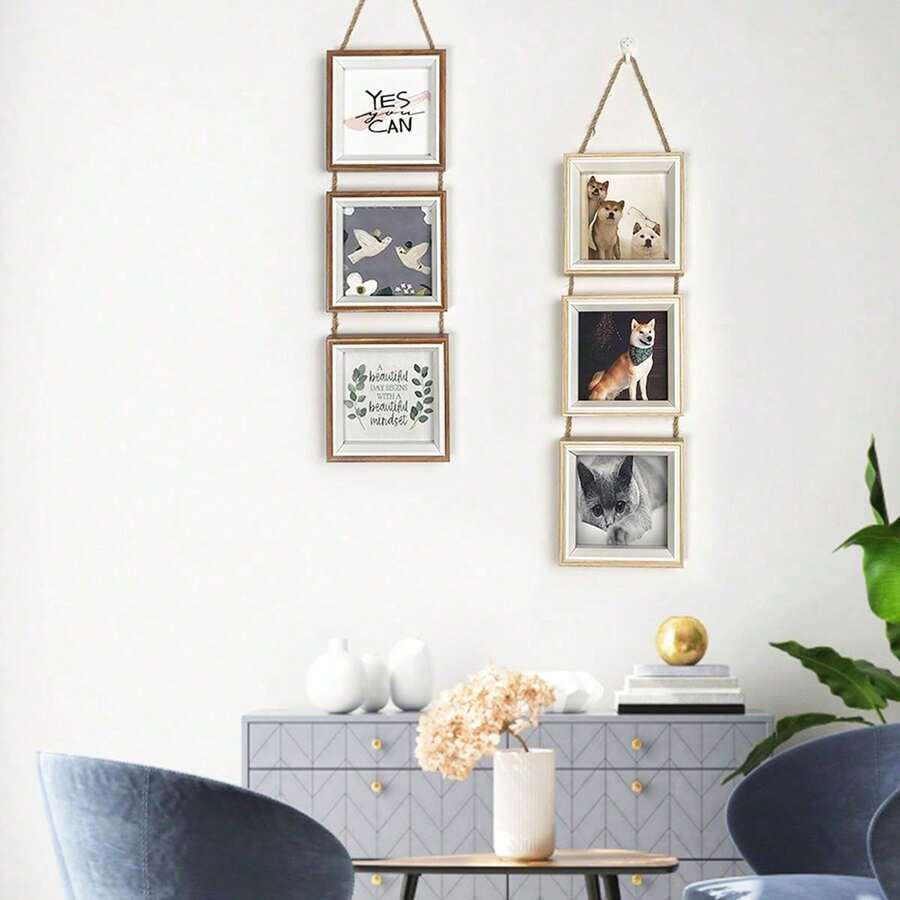 Walnut And White Oak Color 4x4 Inch Picture Frames Set, 3 Collage Frames With Hanging Twine Rope - Multicolor - View 1