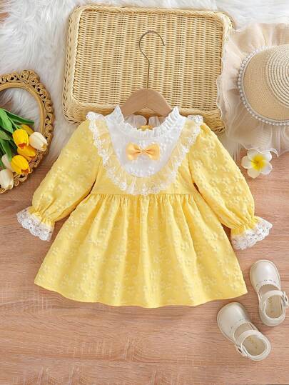 Baby Girls' Cute & Elegant Solid Color Ruffle Lace Trim Puff Sleeve A-Line Dress With 3D Bow, Princess Style Zipper Front Closure Dress For Toddler Girls, Suitable For Spring/Autumn Outings