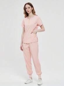 Pijama Uniforme Antifluidos Mujer Y Conjunto top de manga corta con pantalones, Enfermeras uniformes de verano de manga corta separa traje de enfermería uniformes de enfermería traje de lavado a mano ropa elástica de secado rápido top de manga corta con pantalones - Rosa - Ver 4