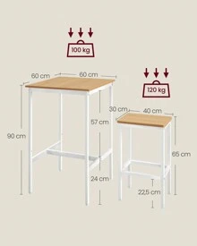 VASAGLE Mesa de Bar con Taburetes, Mesa Comedor con 2 Sillas, Mesa Cocina Pequeña, Taburetes de Barra, para Comedor, Cocina, Roble Dorado y Blanco Nube
