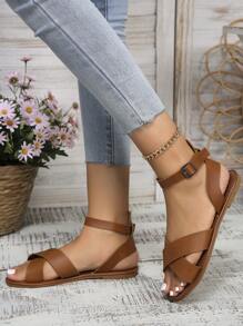 Einfache flache Sandalen für Frauen, lässige offene Zehen Sommer Schuhe, leichte elastische Riemen Pantoletten - Rostbraun - Übersicht 2